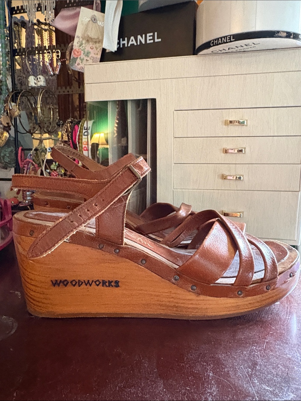 1970s Woodworks by Thom McaAn Thom McAn Brown Leather Wood-Effect Wedge Sandals